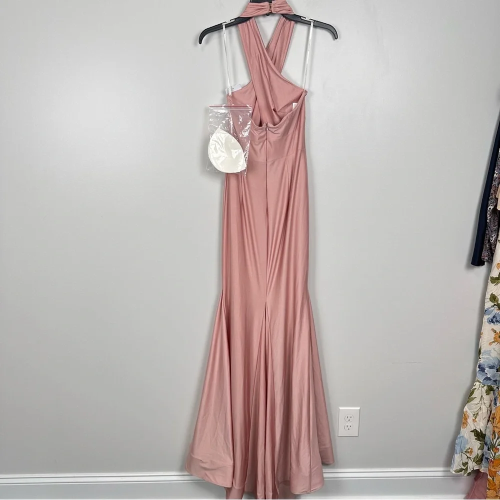 Cynthia & Sahar XIMENA Toasted Sugar CrissCross Halter Satin Mermaid Dress CS112 - Picture 6 of 9